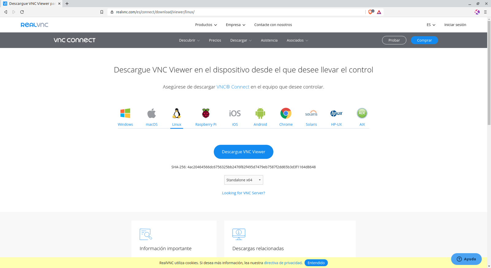Descargamos VNC viewer desde su pagina oficial
