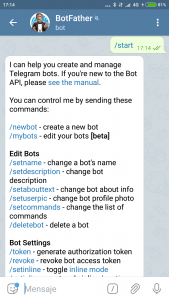 Comando /start BotFather en Telegram
